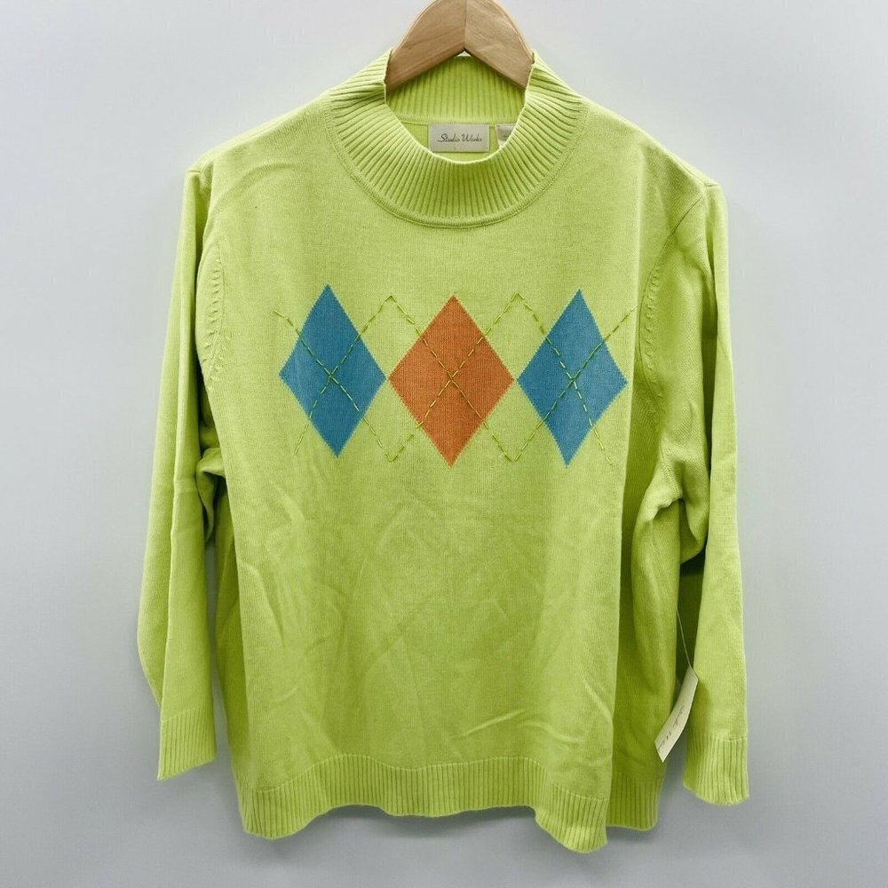 Studio Works Womens Size XL‎ Argyle Beaded Pullover Sweater 3/4 Sleeve Green
